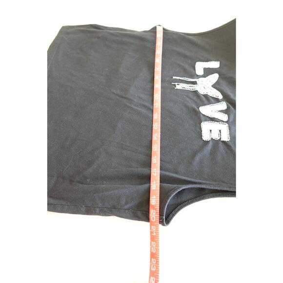 BLACK Knit SLEEVLESS Muscle Tank /T SHIRT with beaded Butterfly n LOVE patch - Picture 5 of 7